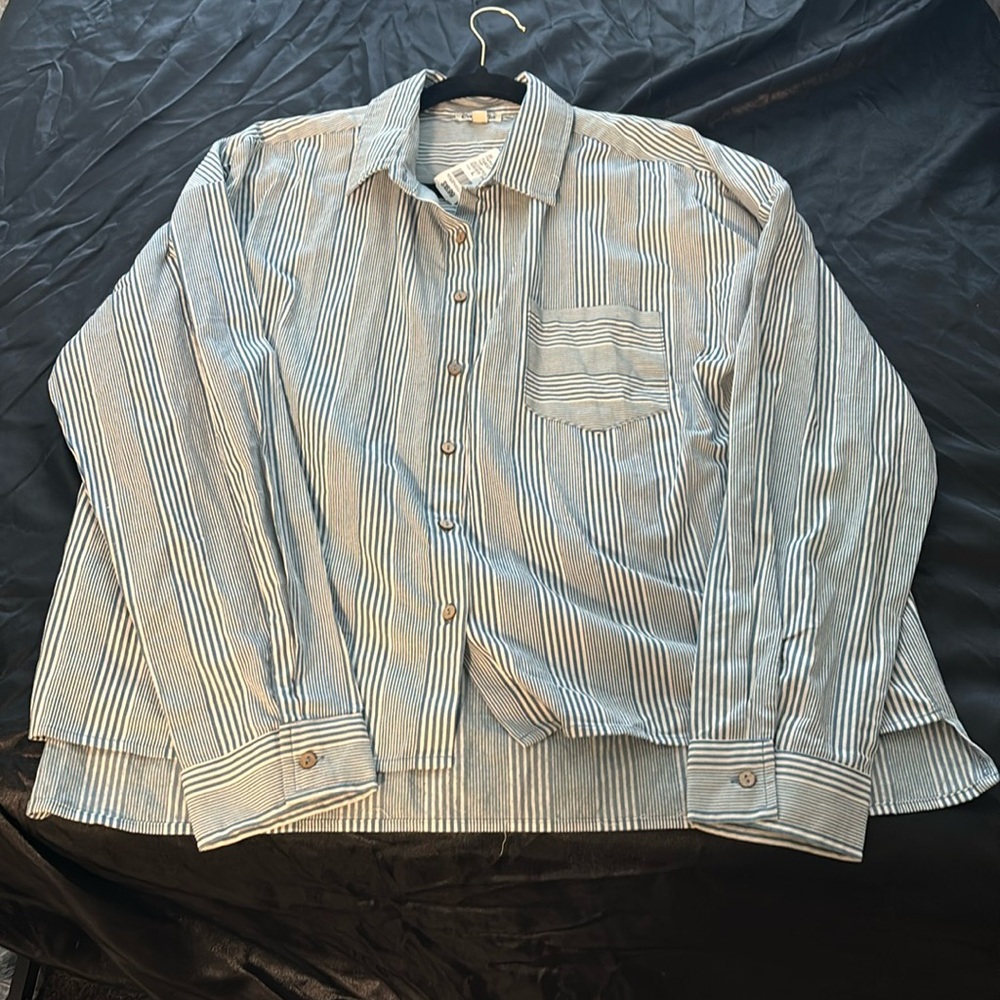 Size large light blue and white stripped button down top
